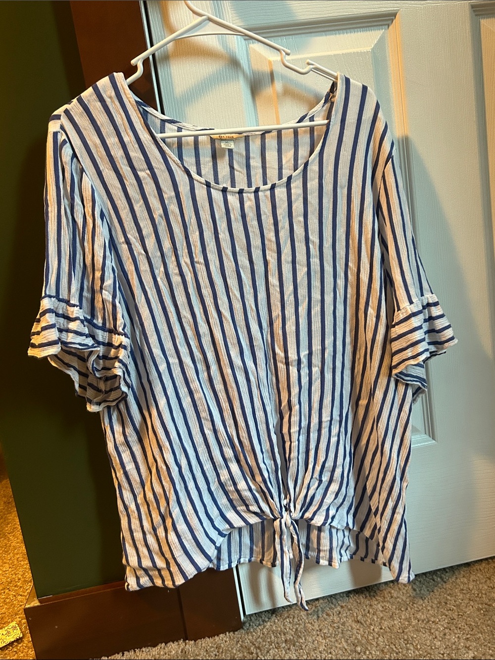 Blue & White Striped Tie-Front Women's Blouse